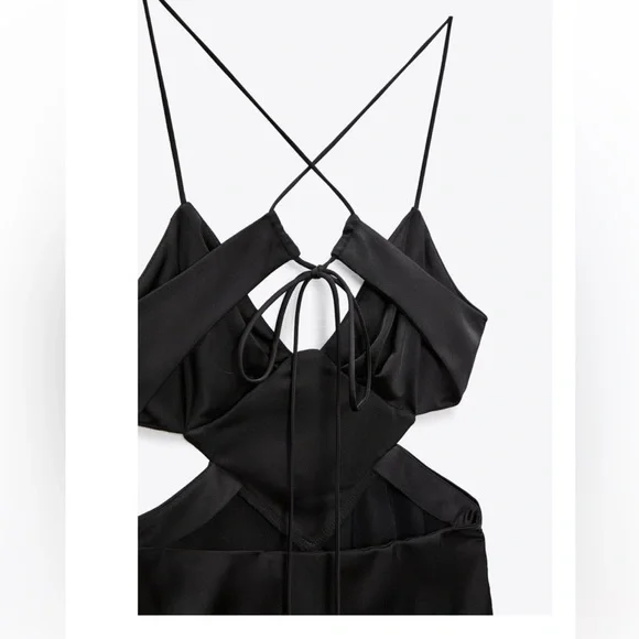 NWT. Zara Black Satin Effect Cut-Out Midi Dress - Picture 5 of 5